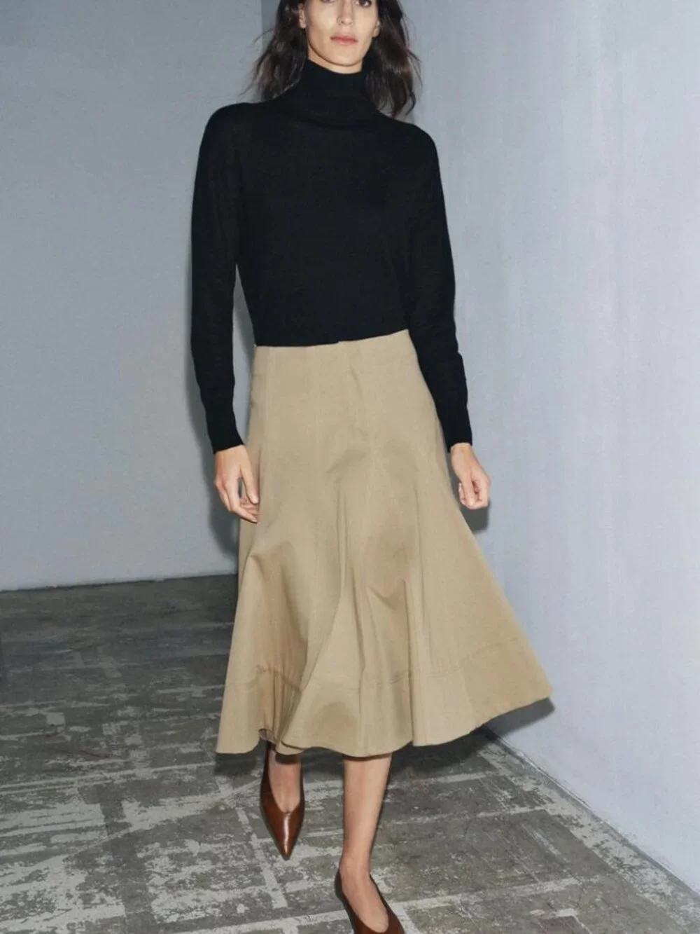Zara ZW Collection Trench Midi Skirt Light Whiskey Pleated Hem Cotton Large NWT